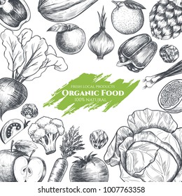Vector frame with organic food. Fresh vegetables and fruits. Hand drawn. Vintage style