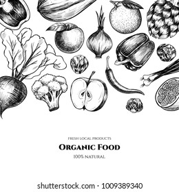 Vector frame with organic food. Fresh vegetables and fruits. Hand drawn. Vintage style