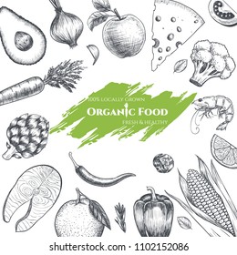 Vector frame with organic food. Fresh vegetables and fruits. Hand drawn. Vintage style