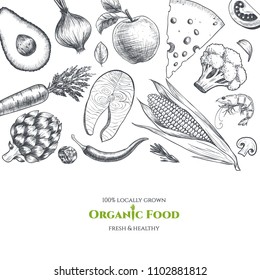 Vector frame with organic food. Fresh vegetables and fruits. Hand drawn. Vintage style