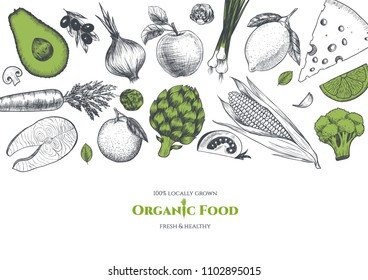 Vector frame with organic food. Fresh vegetables and fruits. Hand drawn. Vintage style