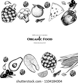 Vector frame with organic food. Fresh vegetables and fruits. Hand drawn. Vintage style