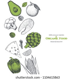 Vector frame with organic food. Fresh vegetables and fruits. Hand drawn. Vintage style