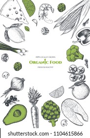 Vector frame with organic food. Fresh vegetables and fruits. Hand drawn. Vintage style