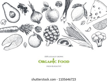 Vector frame with organic food. Fresh vegetables and fruits. Hand drawn. Vintage style
