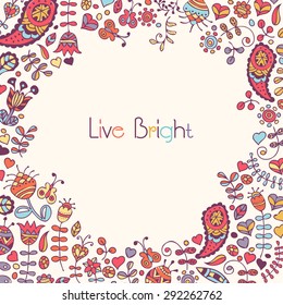 Vector frame in ornate ethnic style (doodling) with a sample text. Soft lovely colors (violet, blue, yellow, pink) on a light tan background. Can be used for packaging, invitations, decoration etc