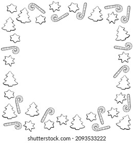 Vector frame of outline candy canes, stars, Christmas trees. New year Xmas background, border for winter holidays decor, greeting cards