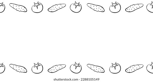 Marco vectorial a partir de verduras frescas eslabonadas - pepinos, tomates. Borde horizontal superior e inferior, borde, decoración para el tema de la cocina, menú, diseño de cocina