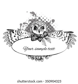 Vector frame with owl. Border with pop-eyed with bow and widely outspread wings. White, black. Place for your text.
