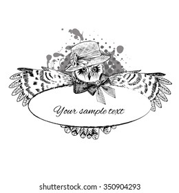 Vector frame with owl in a hat with flower. Border with pop-eyed with bow and widely outspread wings. White, black. Place for your text.
