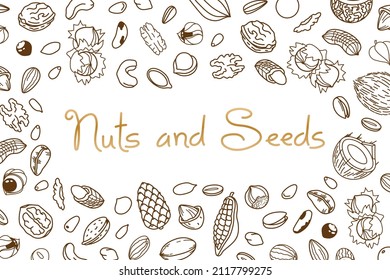 Vector frame, packaging design of nut and seed mix or snack. Walnut, peanut and sunflower seeds. Almond, pistachio, cashew, hazelnut and macadamia. Illustration in line art style