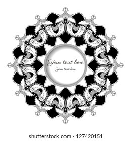 Vector frame with paisley floral elements. Illustration in black, white and gray colors. Place for your text.