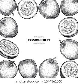 Vector frame with passion fruit. Hand drawn. Vintage style