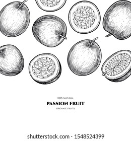 Vector frame with passion fruit. Hand drawn. Vintage style