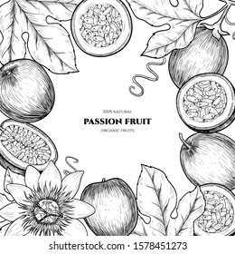 Vector frame with passion fruit. Hand drawn. Vintage style