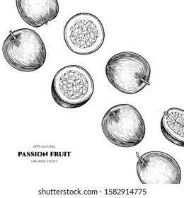 Vector frame with passion fruit. Hand drawn. Vintage style