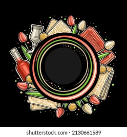 Vector Frame for Passover with copy space for text, decorative round concept with illustration of various passover symbols, silver goblet, red wine bottle and flowers for pesach on black background