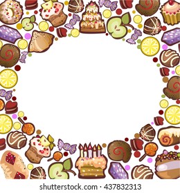 vector frame of pastries, cakes and chocolates