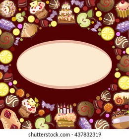 vector frame of pastries, cakes and chocolates