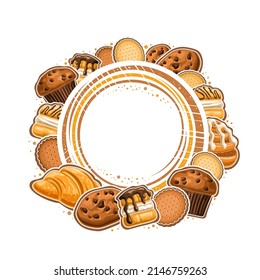 Vector frame for Pastry with blank copy space for text, decorative signboard with illustration of different pastries, butter cookies, french sweets with custard creme and sweet drizzle danish cinnabon