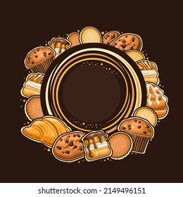 Vector frame for Pastry with empty copyspace for text, decorative sign board with illustration of variety pastries, marie cookies, french sweets with custard cream and sweet icing danish cinnamon roll