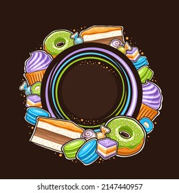 Vector frame for Patisserie with copy space, decorative sign board with illustration of assorted pastries, custard cake slice, green frosting donut, cup cake with purple whipped cream for patisserie