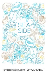 Vector frame, pattern, border, card design, cover template, copy space. Square maritime illustration of line art tropical sea elements, seashells, starfish. Doodles of marine life. Ocean creatures.