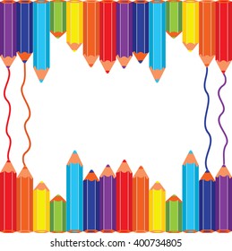 Vector frame with lot of pencils of rainbow colors on a withe background.