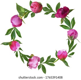  Vektorrahmen aus Blumen, Knospen und grünen Blättern.  Grußkarte mit sommerrosa Blumen für Collage Dekoration und Einladung.