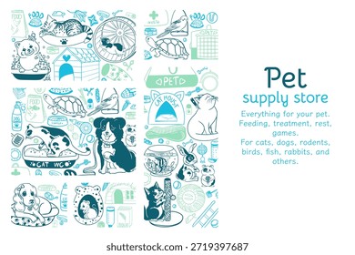 Quadro de vetor para uma loja de animais. Banner com produtos para animais. Elementos gráficos para a alimentação, o tratamento, o cuidado, o brincar e o relaxamento de gatos, cães, tartarugas, peixes, coelhos, papagaios e roedores
