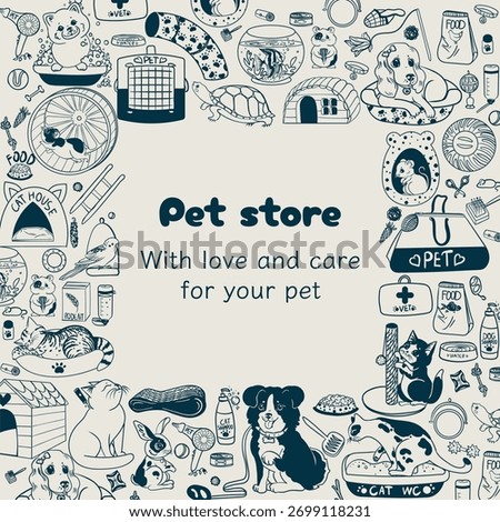 Vector frame for a pet store. Banner with pet care products. Graphic elements for feeding, treating, caring for, playing with, and relaxing cats, dogs,turtles, fish, rabbits, parrots and rodents