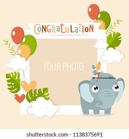 vector frame for a photo with a nice cartoon elephant and the words "congratulations". birthday, invitation card, postcard
