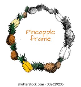 Vector frame of Pineapple whole and half. Handmade ink sketch. Easily Editable illustration on white background.