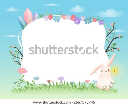Vector frame with pink bunny and crystals over grass