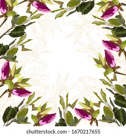 Marco vectorial con brotes de magnolia rosa y patrón de línea dorada