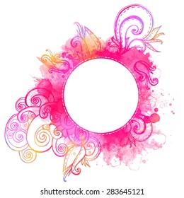 Vector frame with pink watercolor wave doodles. Artistic circle background with paint splashes.