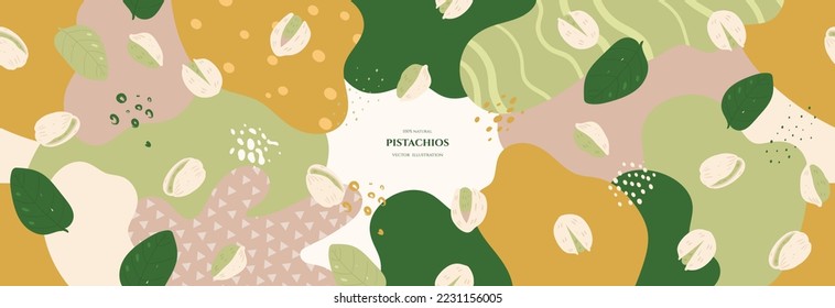 Marco vectorial con pistachos y elementos abstractos. Ilustraciones dibujadas a mano.