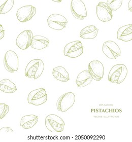Marco vectorial con pistachos. Ilustraciones dibujadas a mano. Dibujo botánico.Estilo vintage.Colección nut. 