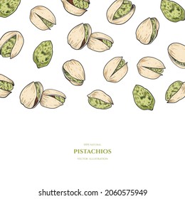 Marco vectorial con pistachos. Ilustraciones dibujadas a mano. Dibujo botánico.Estilo vintage.Colección nut. 