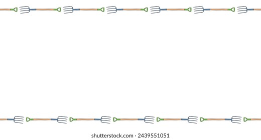 Vector frame of pitchfork. Garden tools, working equipment. Horizontal upper and lower edging, border, divider on topics of gardening, farming, agriculture