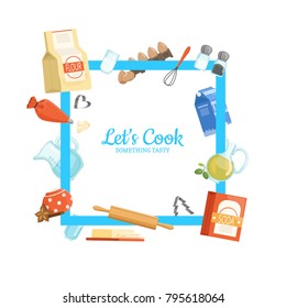 Vector frame with place for text and cooking ingridients or groceries around illustration