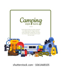 Vector frame with place for text with flat style camping elements below illustration