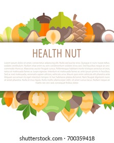 Vector frame with place for text, isolated on white background. Horizontal banner for nuts shop or farmer market.