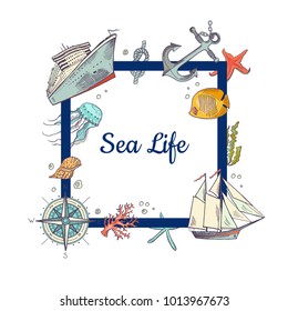 Vector frame with place for text and sketched sea elements around it illustration