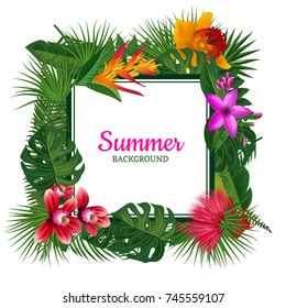 Vector frame with place for text, surrounded with tropical palm leaves and exotic flower elements isolated on white background illustration