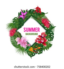 Vector frame with place for text, surrounded with tropical palm leaves and exotic flower elements isolated on white background. Illustration of exotic frame with color flowers