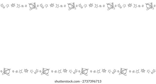Vector frame from planets, stars in doodle flat style. Horizontal top and bottom edging, border, decoration on theme of space, astronomy, fantastic, kids design