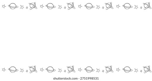 Vector frame from planets, stars in doodle style. Horizontal top and bottom edging, border, decoration on theme of space, astronomy, fantastic, kids design