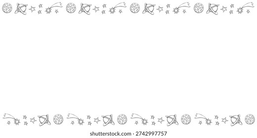 Vector frame from planets, stars, moons, comets in doodle flat style. Horizontal top and bottom edging, border, decoration on theme of space, astronomy, fantastic, kids design