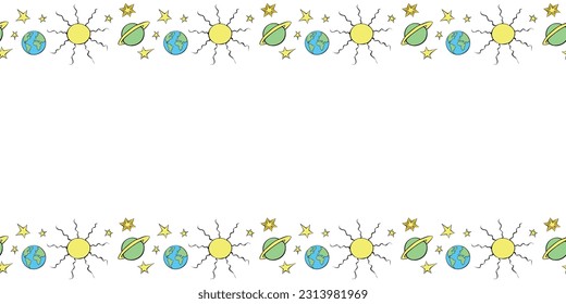 Vector frame from planets, stars, suns in doodle flat style. Horizontal top and bottom edging, border, decoration on theme of space, astronomy, fantastic, kids design